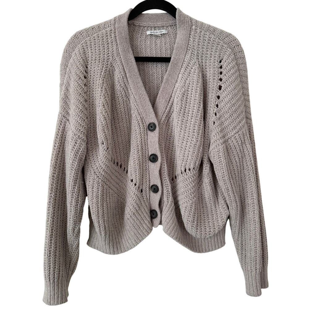 American Eagle Taupe Open-Stich Over Sized Sweater Long Sleeve Button Cardigan-S